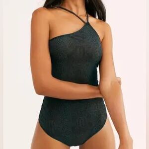 FP Intimately Free People Snakeskin Print One-Shoulder Black Teddy Bodysuit